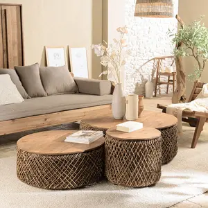 MACABANE ALIDA - Set de 3 tables basses rondes en tissage de fibre de cocotier