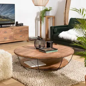 Table basse - MACABANE - ALIDA - Coque ronde double plateau - Teck rec...