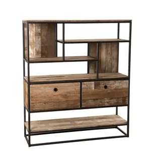 MACABANE ALIDA - Étagère marron 2 tiroirs et 7 niches Teck recyclé Acacia Mahogany recyclé et métal noir pas cher