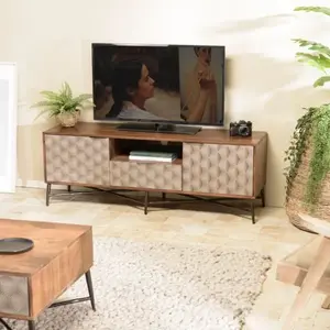 MACABANE ALIX - Meuble TV en bois de manguier 2 portes 1 tiroir motifs...