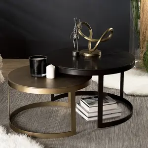 MACABANE JONAS - Set de 2 tables gigognes ceinturées rondes aluminium noir doré - pieds métal demi-cercle