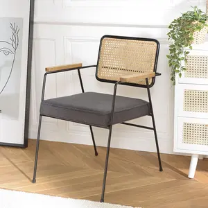 MACABANE AGATHE - Fauteuil métal noir dossier rotin et assise tissu gris pas cher