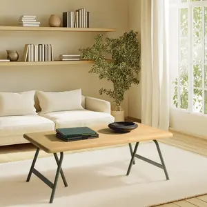 MACABANE HELENA - Table basse plateau en bois pin pieds tréteaux en métal vert pas cher