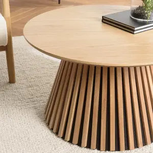 MACABANE SYA - Table basse ronde D80 décor et chêne naturel pied à motif strié pas cher