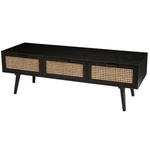 Meuble TV bois noir 3 tiroirs cannage - MACABANE - EMILIO - Scandinave... pas cher
