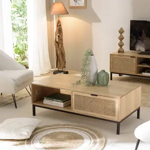MACABANE MARCEAU - Table basse 1 niche 2 tiroirs cannage naturel pieds métal noir pas cher