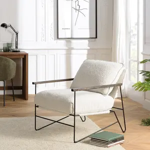 Fauteuil - MACABANE - Gaston - Tissu écru - Structure métallique noire - Accoudoirs en boisVendu parcdiscount
