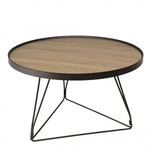MACABANE JULIA - Table basse ronde 70x70cm bois marron et pieds épingles noir pas cher