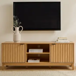 CALICOSY - Meuble TV 2 niches et 2 portes aux façades effet vague L140 cm - BOLOGNE - Bois clair pas cher