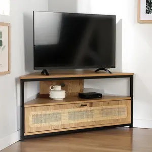 CALICOSY Meuble TV d'angle 1 porte avec cannage rotin L100 cm - 100 cm X 30 cm ... pas cher
