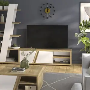 Meuble tv 2 portes mat blanc & effet bois chêne avec rangementsVendu parcdiscount