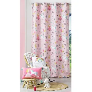 DOUCEUR D'INTERIEUR Rideau à oeillets - Princesse Licorne - 140x260 cm - Rose - Style Enfant - Imprimé Coloré pas cher