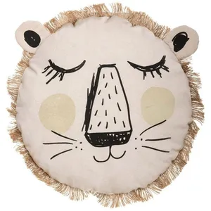 Coussin rond lion franges 38 cm pas cher