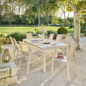 Comparateur de prix : HESPERIDE Table de jardin "Évasion" effet bois lin & argile 8 places lates en aluminium - Hespéride - Argile