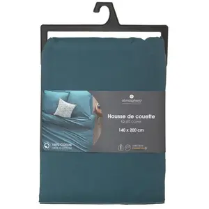 Housse de couette Carina en coton bleu canard 140x200cm Atmosphera Créateur D'intérieur pas cher