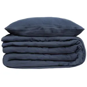 Atmosphera Housse de couette et taies gaze de coton bleu gris 240x260cm pas cher