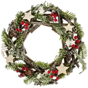 Couronne de Noël branchage étoilé et enneigé 30 cm pas cher