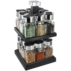 SAVEUR ET DEGUSTATION S&D KB5755 Carrousel à épices Distributeur carré rotatif 16 pots 2 étages Noir gris transparent Plastique Verre Couvercles double cl pas cher