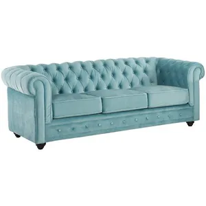 VENTE-UNIQUE Canapé 3 places en velours CHESTERFIELD - Bleu pastel - Style classique - Confort moelleux - Déhoussable pas cher