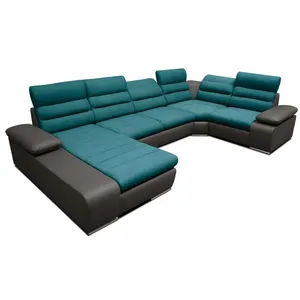 VENTE-UNIQUE Canapé d'angle panoramique convertible en tissu et simili BOILEAU - Bicolore turquoise-anthracite - Angle gauche pas cher