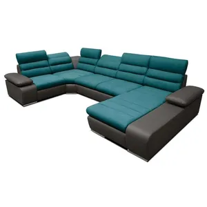 VENTE-UNIQUE Canapé d'angle panoramique convertible en tissu et simili BOILEAU - Bicolore turquoise/anthracite - Angle droit pas cher