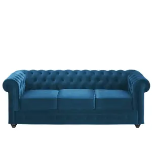 VENTE-UNIQUE Canapé 3 places CHESTERFIELD - Velours bleu canard pas cher
