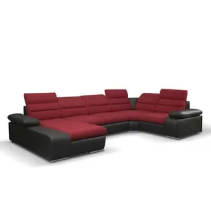 VENTE-UNIQUE Canapé d'angle panoramique convertible en tissu et simili BOILEAU - Bicolore Rouge-Noir - Angle gauche pas cher