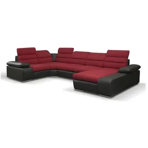 VENTE-UNIQUE Canapé d'angle panoramique convertible en tissu et simili BOILEAU - Bicolore Rouge-Noir - Angle droit pas cher