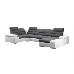 VENTE-UNIQUE Canapé d'angle panoramique convertible en tissu et simili BOILEAU - Bicolore Gris-Blanc - Angle droit pas cher