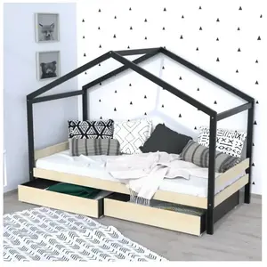 Lit cabane enfant avec tiroirs - WEBER ETOILE - Bois pin massif - Naturel et noirVendu parcdiscount