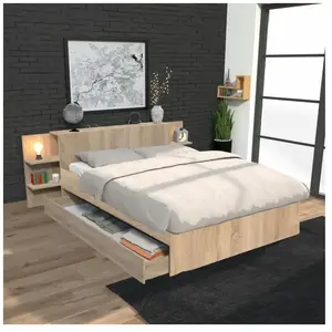 Lit double - LEQUAIDESAFFAIRES - CITY 140x190 - Avec tiroirs - Chêne blanchi pas cher