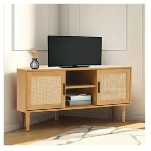BAÏTA Meuble TV d'angle Amana Effet chêne et cannage en rotin 2 Portes pas cher