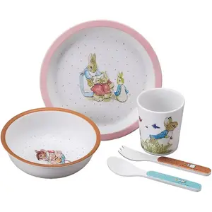 PETIT JOUR - Coffret Cadeau 5 Pièces Pour Enfant 6Mois+ - Mélamine - Sans BPA - Assiette 18cm, Timbale 160ml, Bol 250ml, Set De 2 Couverts 14cm - Lavable Au Lave-Vaisselle - Pierre Lapin - Rose pas cher