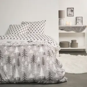 AC-DÉCO Parure De Lit Double En Coton Flanette Imprimé De Sapins - Gris - 220 X 240 Cm pas cher