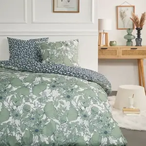 Parures de couettes - Today - Parure de lit double en flanelle de coton imprimé floral - Vert - 220 x 240 cm pas cher