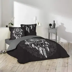 Housse de couette 200X200 cm + 2 taies d’oreiller 100% coton 42 fils dessin place ista Noir pas cher