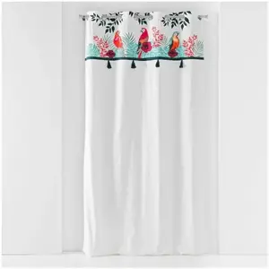 Douceur d'Intérieur Rideau a oeillets 140 x 240 cm coton uni + +pompons Caracas Blanc pas cher