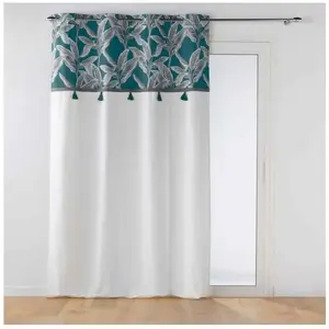 Douceur d'Intérieur Rideau a oeillets 140 x 240 cm coton uni+top imprime+pompons isibelle Bleu pas cher