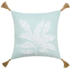 Coussin Hera 40 x 40 cm coton/polyester bleu déhoussable avec pompons pas cher