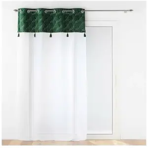 douceur d'intérieur, Voilage à Oeillets 140 x 240 Cm Vert, Voile Sablé avec Top Velours et Pompon, Palmina pas cher
