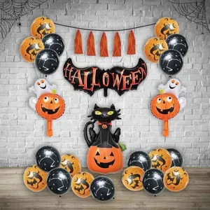 Kit Ballons et Décorations Halloween - PTIT CLOWN - Lot de 28 - Citrouilles Fantômes Chat Noir et Guirlande pour Fête Effrayante pas cher