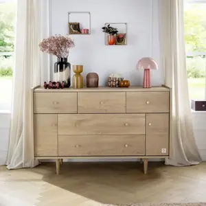 Commode 5 Tiroirs Et 2 Portes Décor Chêne Vintage Poignées Dorées pas cher