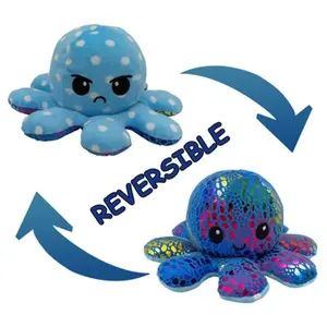 Peluche poulpe réversible double face 20 cm -paillettes bleu + pois bleu pas cher