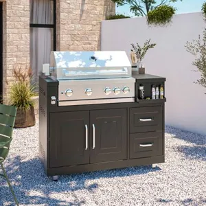 OVIALA Meuble barbecue gaz 4 brûleurs et rôtissoire pour cuisine extérieure pas cher