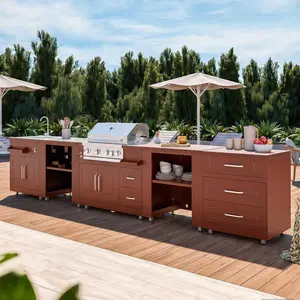 Oviala - 5-delige hoekkeuken voor buiten met spoelbak en stenen barbecue - Memphis