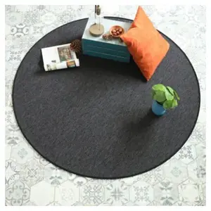 DECOWEB Tapis rond intérieur / extérieur - Timika gris ardoise - Galon noir - Ø 120 cmVendu parcdiscount