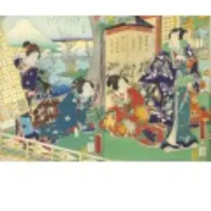 Grafika Utagawa Kunichika - Le prince Genji en Visite dans une Demeure Donnant sur le Mont Fuji F-33783 pas cher