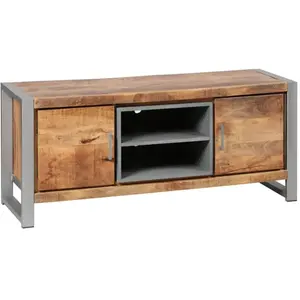 Meuble TV - ALTOBUY - Palissa - Bois sombre - Acier patiné - 2 portesVendu parcdiscount