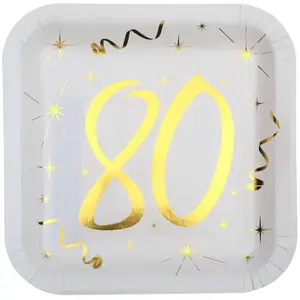 Assiette - 80 Ans - Blanc et Or - Lot de 10 - Carton - Pour Adultes pas cher
