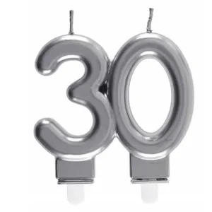 SANTEX REF/6931 -Décoration gâteau anniversaire avec bougie 30 ans argent métallique (x1)